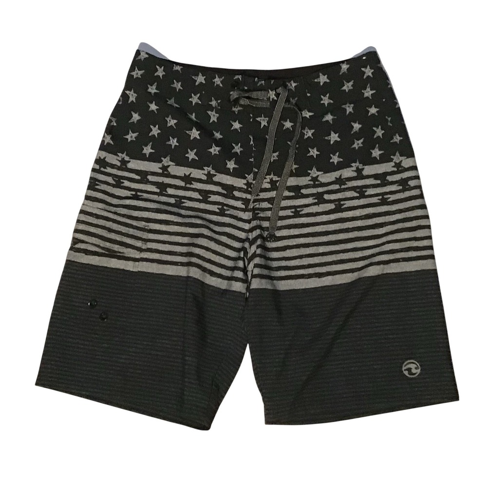 Ocean Current Mens‎ Board Shorts Size 30 Black Gray Stars Stripes Swim Trunks